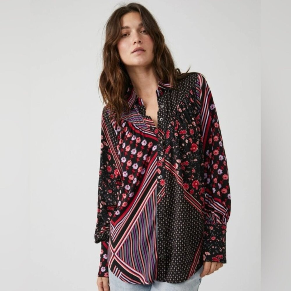 FREE PEOPLE xs mixed media balloon sleeve button up blouse euc